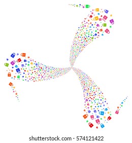 Lock fireworks swirl rotation. Vector illustration style is flat bright multicolored iconic symbols on a white background. Object whirlpool made from random pictograms.