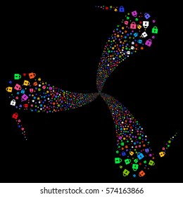 Lock fireworks swirl rotation. Vector illustration style is flat bright multicolored iconic symbols on a black background. Object spiral created from random pictographs.