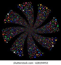 Lock fireworks swirl rotation. Vector illustration style is flat bright multicolored iconic symbols on a black background. Object flower combined from random symbols.
