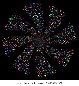 Lock fireworks swirl rotation. Vector illustration style is flat bright multicolored iconic symbols on a black background. Object spiral made from random icons.