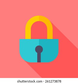 Lock flat icon with long shadow on red background , vector illustration , eps10