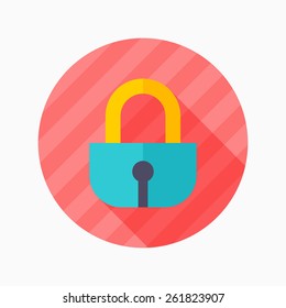 Lock flat icon with long shadow on blue circle background , vector illustration , eps10