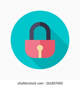 Lock flat icon with long shadow on blue circle background , vector illustration , eps10