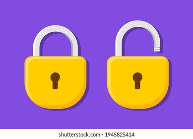 Lock flat icon. Padlock unlocked and locked. Lock closed and lock open. Symbol protection and secure. Vector illustration.