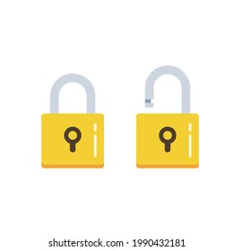 Lock flat icon. Padlock unlocked and locked. Lock closed and lock open. Symbol protection and secure. Vector.