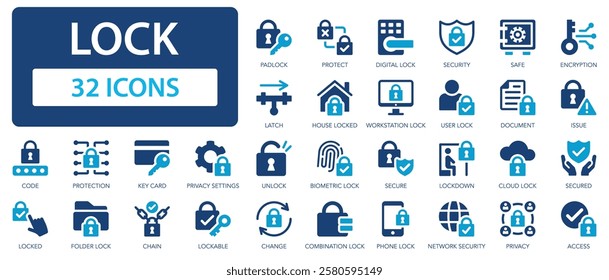 Lock flat icons collection. Protect, padlock, security, safe, unlock, secured, user lock, change, key card, chain, biometric sign set.