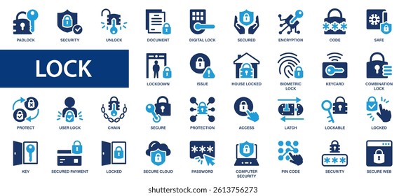 Lock flat icons set. Protect, padlock, security, safe, unlock, secured, user lock, change, key card, chain, biometric icons and more signs. Flat icon collection.