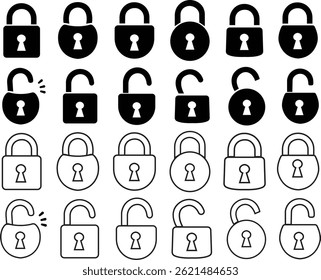 Lock flat, outline icon set . Lock, unlock vectors. Security and privacy symbol. Concept password and blocking sign. Padlock open and closed illustration collection isolated on transparent background.