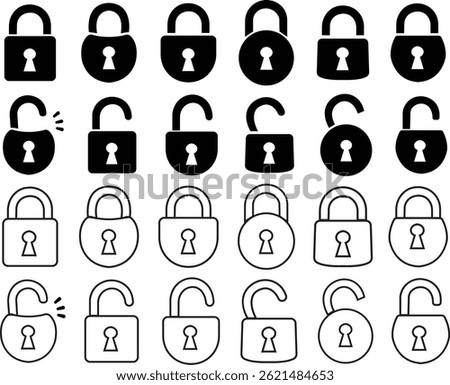 Lock flat, outline icon set . Lock, unlock vectors. Security and privacy symbol. Concept password and blocking sign. Padlock open and closed illustration collection isolated on transparent background.