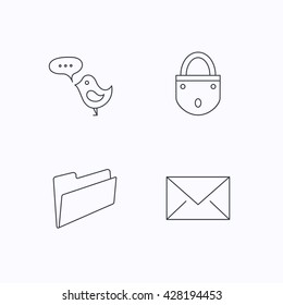 Lock, folder hand and e-mail icons. Bird message linear sign. Flat linear icons on white background. Vector