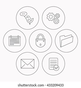 Lock, folder hand and e-mail icons. Bird message linear sign. Check file, calendar and cogwheel icons. Vector