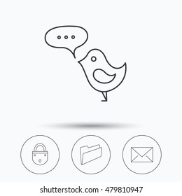 Lock, folder hand and e-mail icons. Bird message linear sign. Linear icons in circle buttons. Flat web symbols. Vector