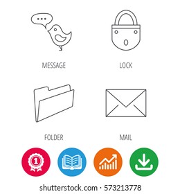 Lock, folder hand and e-mail icons. Bird message linear sign. Award medal, growth chart and opened book web icons. Download arrow. Vector