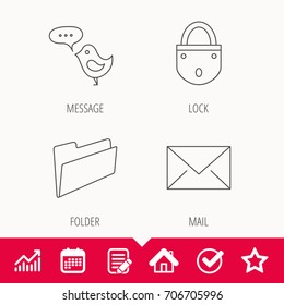 Lock, folder hand and e-mail icons. Bird message linear sign. Edit document, Calendar and Graph chart signs. Star, Check and House web icons. Vector
