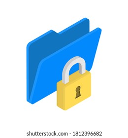 Lock and folder icon. Data security concept. Vector symbol in flat isometric style isolated on white background.