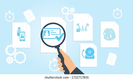 Lock, folder, paper file, document research vector illustration. Document with search icons. File and magnifying glass. Analytics research sign. Vector Illustration