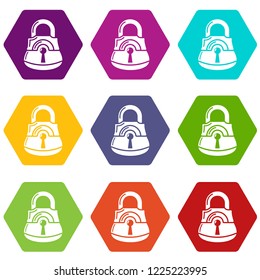 Lock gates icons 9 set coloful isolated on white for web