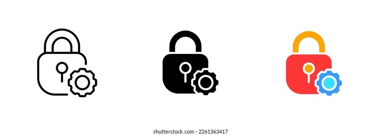 Lock with gear. Access settings, closed, forbidden, personal data, information protection, account. Vector set icon in line, black and colorful styles isolated on white background