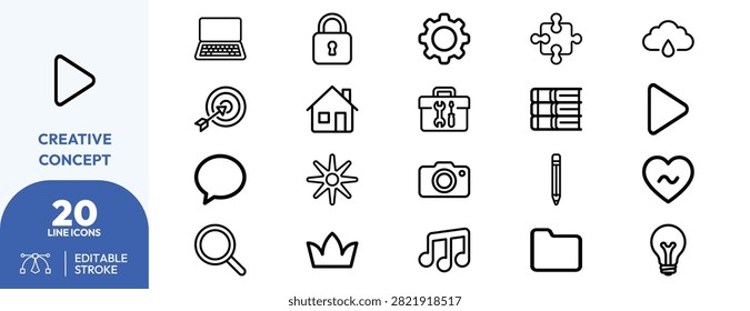 Lock, gear, puzzle, cloud, play button, speech bubble, magnifier, camera, toolbox, folder, heart, sun, house, lightbulb, grid, crown, pencil, and and music note for creative and design applications.