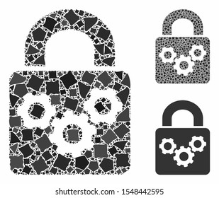 Lock gears composition of tremulant elements in various sizes and color tints, based on lock gears icon. Vector tremulant pieces are combined into collage.