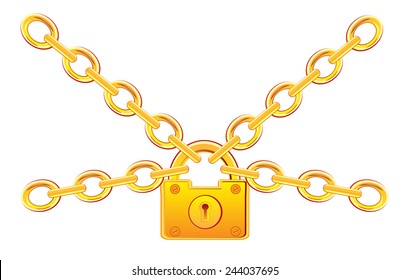 Lock from gild on chain on white background