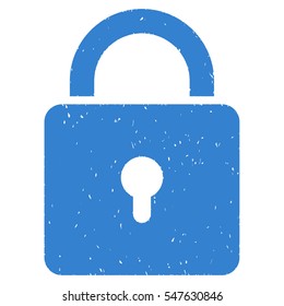 Lock grainy textured icon for overlay watermark stamps. Flat symbol with unclean texture. Dotted vector cobalt ink rubber seal stamp with grunge design on a white background.