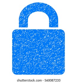 Lock grainy textured icon for overlay watermark stamps. Flat symbol with dust texture. Dotted vector blue ink rubber seal stamp with grunge design on a white background.
