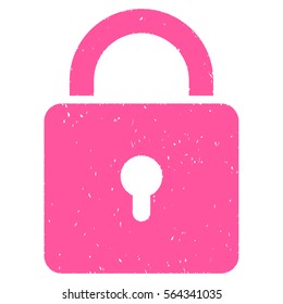 Lock grainy textured icon for overlay watermark stamps. Flat symbol with dirty texture. Dotted vector pink ink rubber seal stamp with grunge design on a white background.