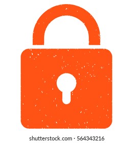 Lock grainy textured icon for overlay watermark stamps. Flat symbol with unclean texture. Dotted vector orange ink rubber seal stamp with grunge design on a white background.