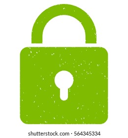 Lock grainy textured icon for overlay watermark stamps. Flat symbol with scratched texture. Dotted vector light green ink rubber seal stamp with grunge design on a white background.