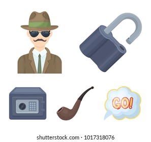 Lock hacked, safe, smoking pipe, private detective.Detective set collection icons in cartoon style vector symbol stock illustration web.