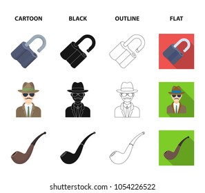 Lock hacked, safe, smoking pipe, private detective.Detective set collection icons in cartoon,black,outline,flat style vector symbol stock illustration web.