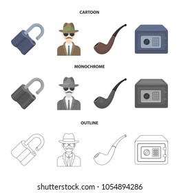 Lock hacked, safe, smoking pipe, private detective.Detective set collection icons in cartoon,outline,monochrome style vector symbol stock illustration web.