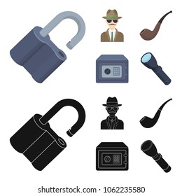 Lock hacked, safe, smoking pipe, private detective.Detective set collection icons in cartoon,black style vector symbol stock illustration web.
