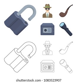 Lock hacked, safe, smoking pipe, private detective.Detective set collection icons in cartoon,outline style vector symbol stock illustration web.