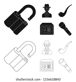 Lock hacked, safe, smoking pipe, private detective.Detective set collection icons in black,outline style vector symbol stock illustration web.