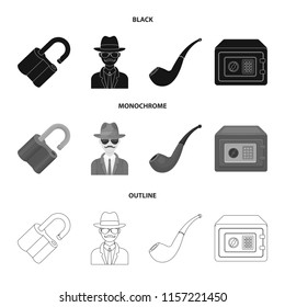 Lock hacked, safe, smoking pipe, private detective.Detective set collection icons in black,monochrome,outline style vector symbol stock illustration web.