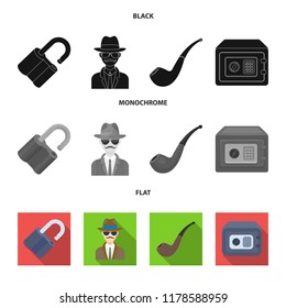 Lock hacked, safe, smoking pipe, private detective.Detective set collection icons in black, flat, monochrome style vector symbol stock illustration web.