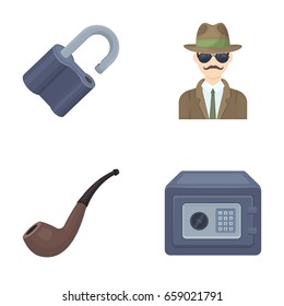 Lock hacked, safe, smoking pipe, private detective.Detective set collection icons in cartoon style vector symbol stock illustration web.