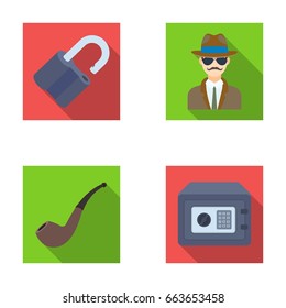Lock hacked, safe, smoking pipe, private detective.Detective set collection icons in flat style vector symbol stock illustration web.