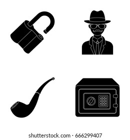 Lock hacked, safe, smoking pipe, private detective.Detective set collection icons in black style vector symbol stock illustration web.