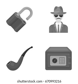 Lock hacked, safe, smoking pipe, private detective.Detective set collection icons in monocrome style vector symbol stock illustration web.