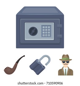 Lock hacked, safe, smoking pipe, private detective.Detective set collection icons in cartoon style vector symbol stock illustration web.