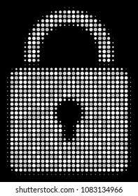 Lock halftone vector icon. Illustration style is dotted iconic lock symbol on a black background. Halftone pattern is created of circle elements.
