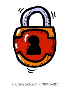 Lock hand drawn image. Original colorful artwork, comic childish style drawing.
