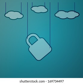 lock hanging on ropes on blue background