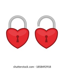 Lock heart flat icon. Open and closed red shiny heart locks shape. Love, amour concept. Illustration in modern flat style.