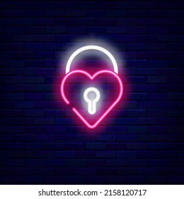 Lock with heart shape neon icon. Romantic wedding signboard. Pop art design. Glowing sign. Pictogram on brick wall. Luminous label. Editable stroke. Vector stock illustration