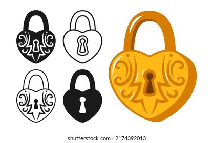 Lock heart shaped golden vintage icon set. Old padlock for safety and security symbol protection design element. Metal cartoon shiny locks sign for logo, game, web or app ui locking privacy encryption