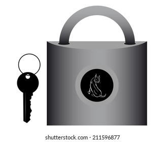 lock for hinged doors with a key on a white background
